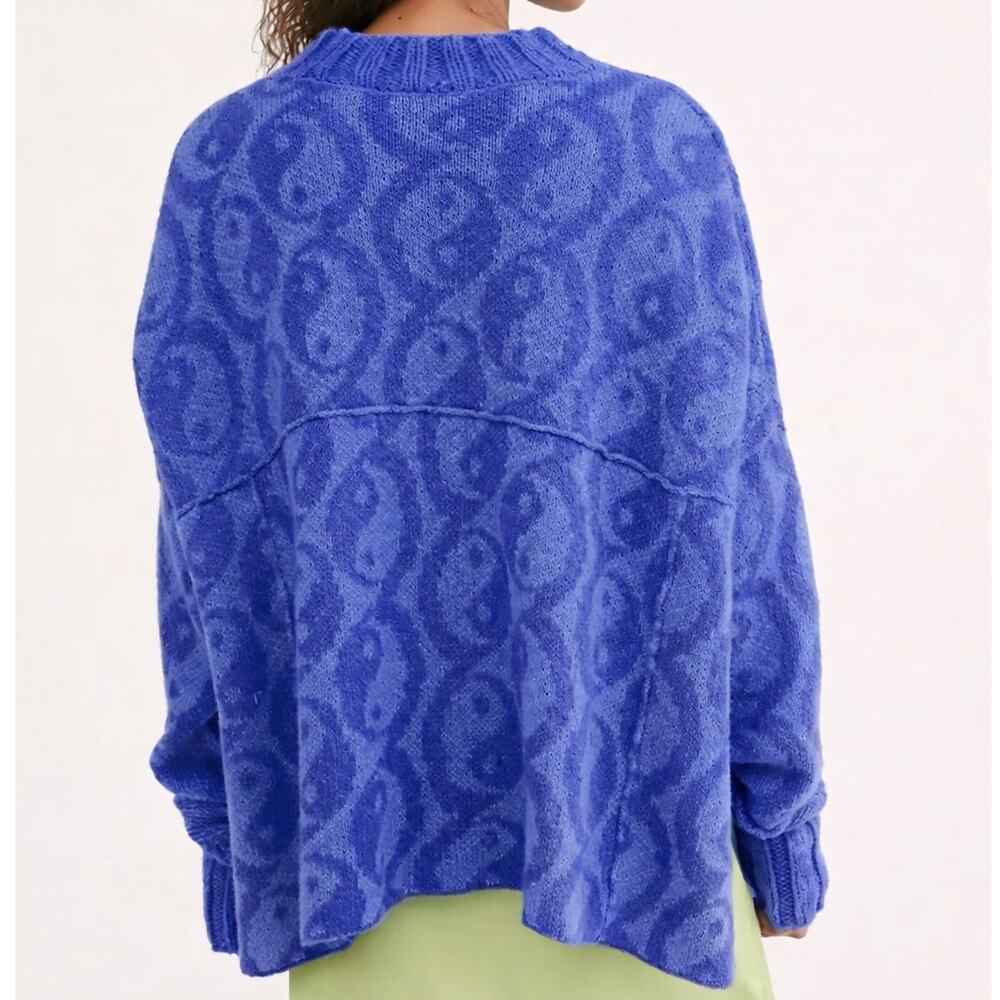Free People Navy Blue Alpaca Wool Blend Long Sleeve Mock Neck Yin Yang Sweater M - Picture 2 of 9